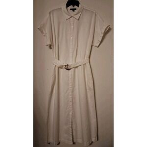 Saks Fifth Avenue Sun Dress Womens L White Linen Blend Nautical Lagenlook Belted